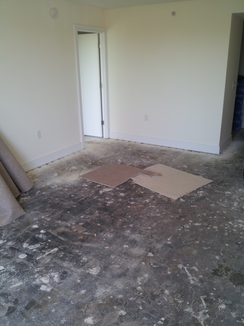 living room demolition, carpet torn up, concrete floors